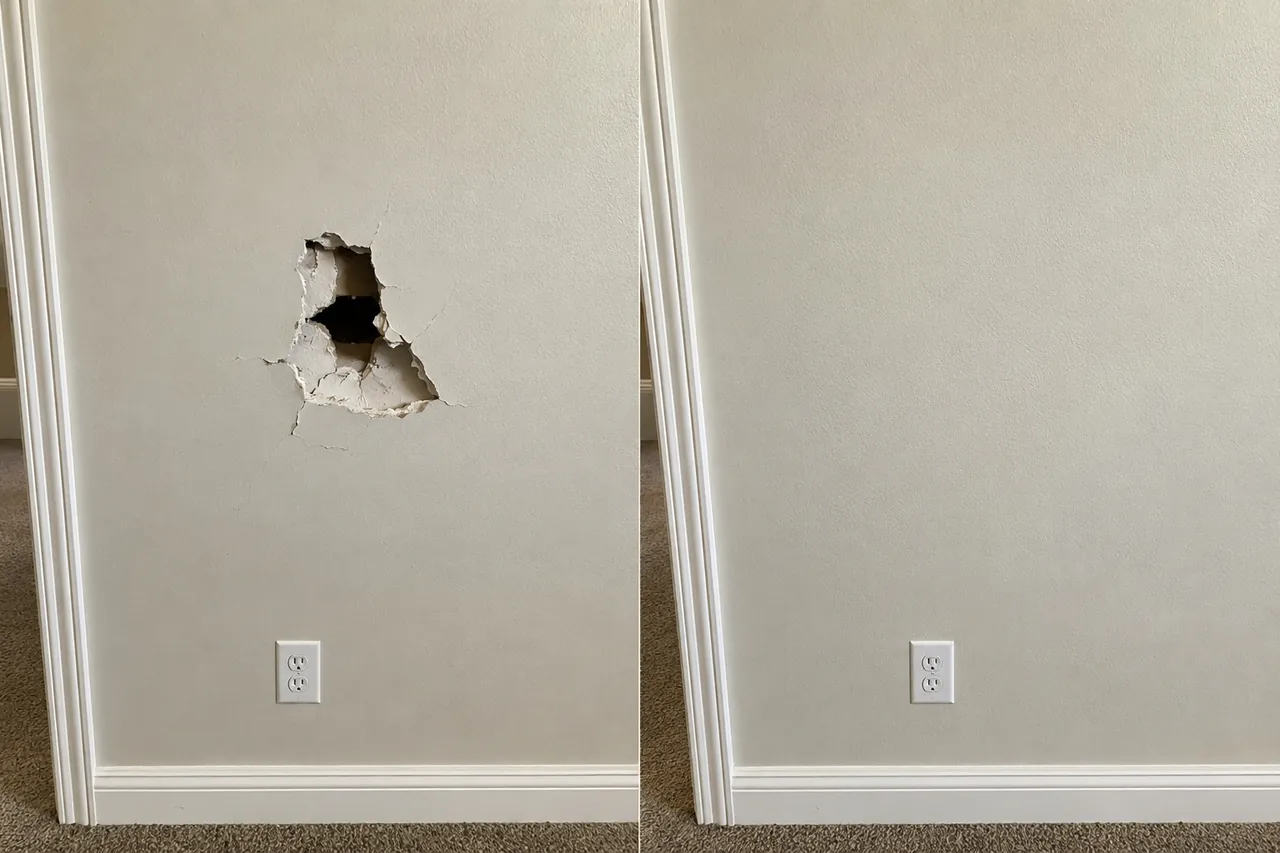 Before and after of a Las Vegas drywall wall repair, from a hole to a clean finish
